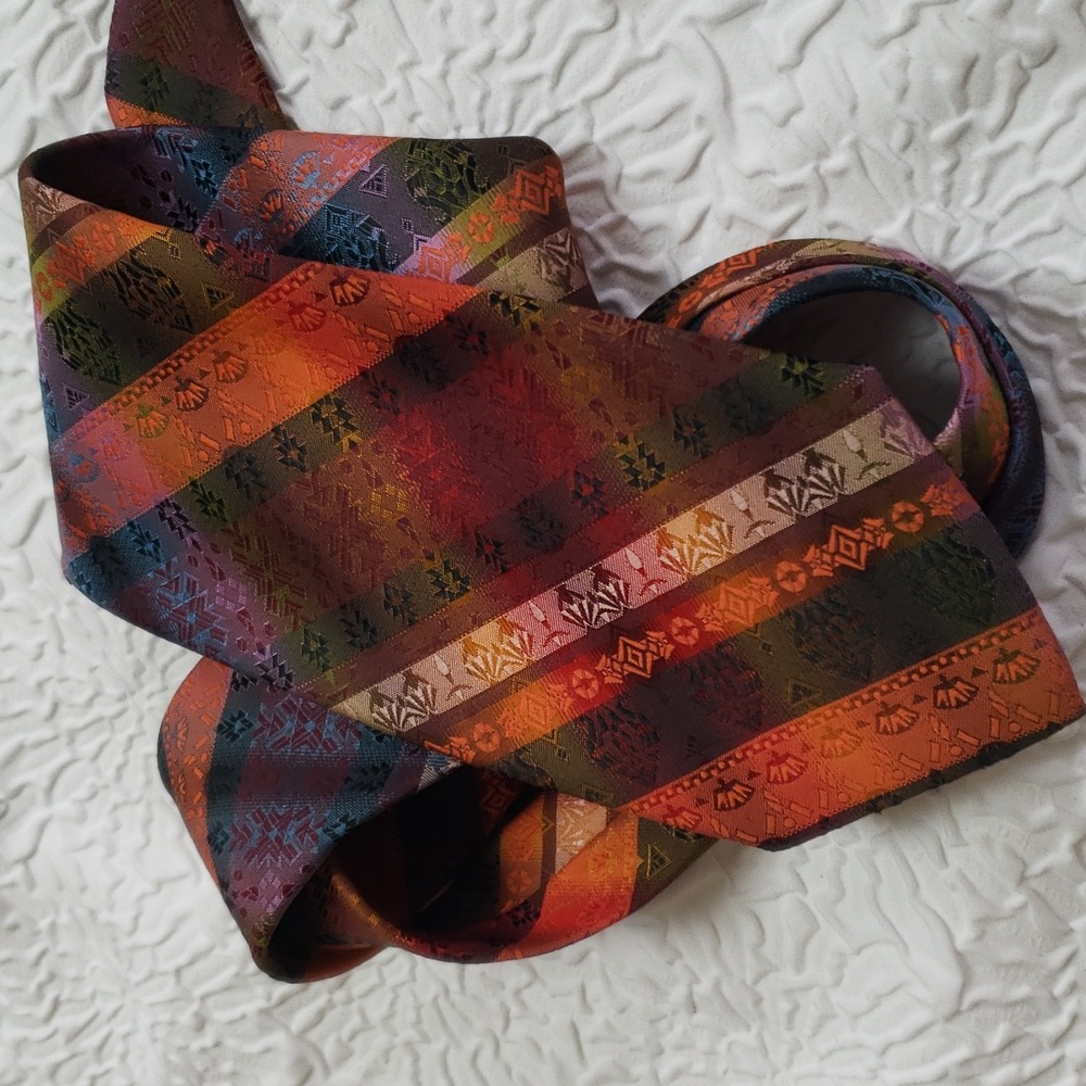 Wembley warm orange strip & print design tie, green blue gold, casual, Y2K